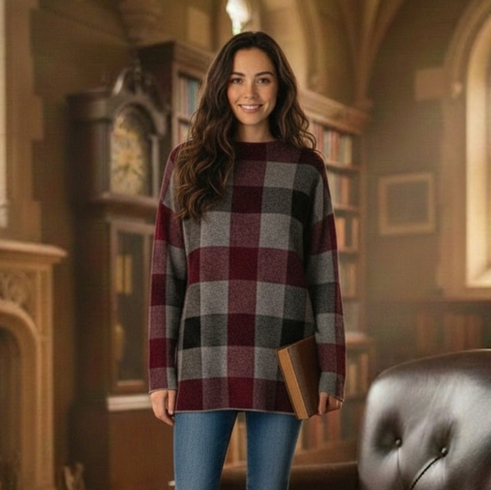Tahari Burgundy Grey Buffalo Plaid Boho Cozy Oversized Tunic Sweater Size Large